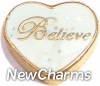 H1658w Believe in Gold on White Glitter Heart Floating Locket Charm