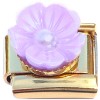 CT2337 Raised Pearly Purple Flower Goldtone Base Italian Charm. 