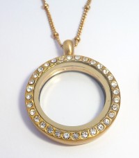 AX112 Medium Round CZ Locket Brushed Gold with Necklace