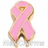 H1034 Pink Ribbon Gold Trim Floating Locket Charm