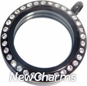 SK21  Stainless Steel Black CZ Medium Round Floating Locket