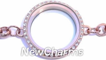 SR61  Stainless Steel Bracelet Rose Gold CZ Big Round Floating Locket